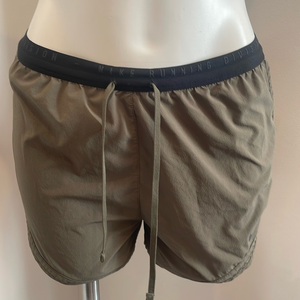 Nike Running Division Dry Fit Shorts.  With inner lining.  Olive Green Sz S.